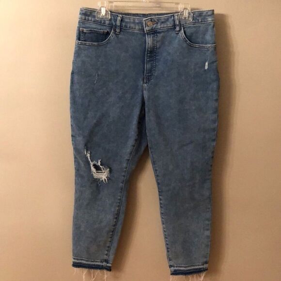 EXPRESS SIZE 14 R CURVY SKINNY HIGH RISE JEANS MEDIUM WASH DISTRESSED RAW HEM - Picture 2 of 10